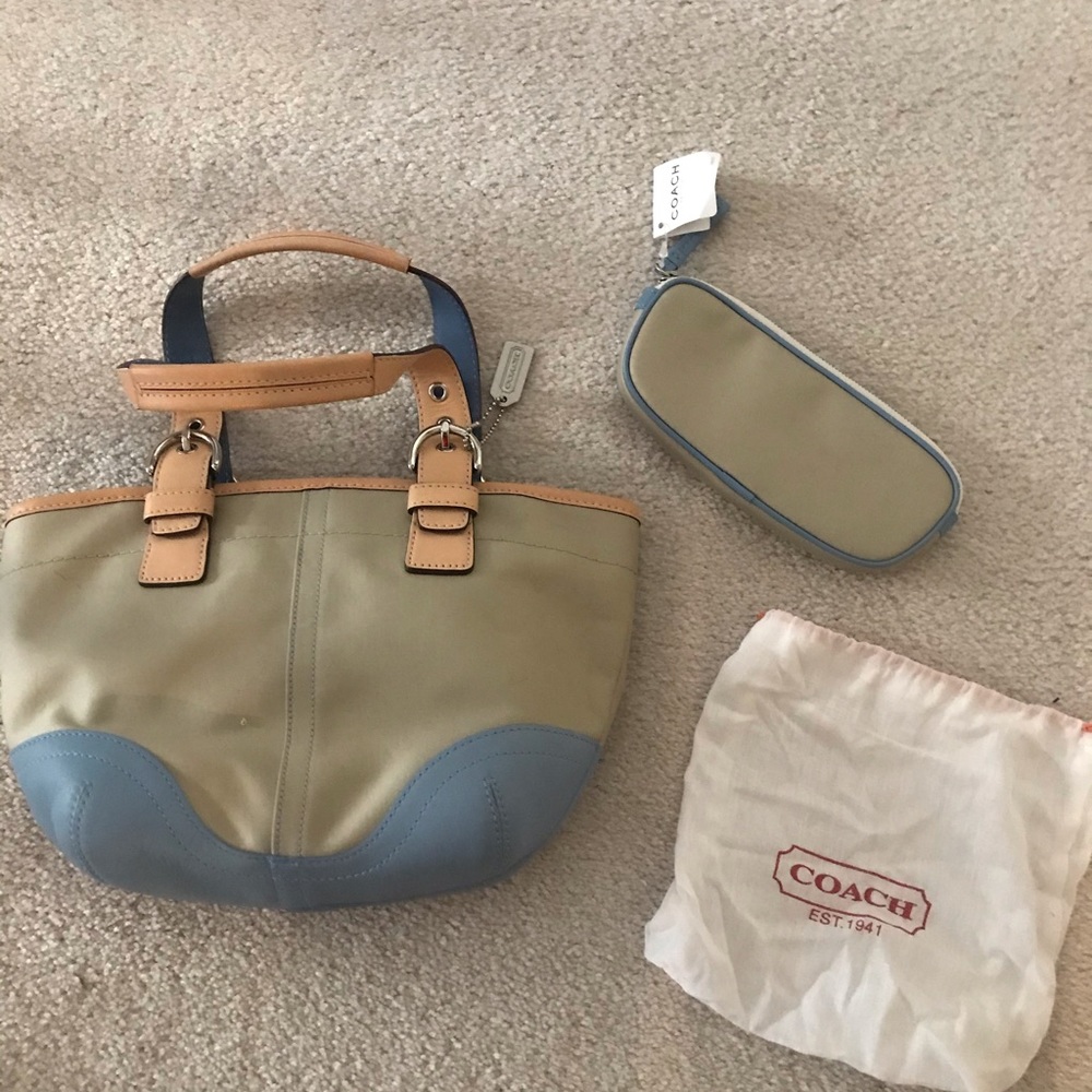 Coach Beige, Blue and Tan Leather Tote with Wristlet